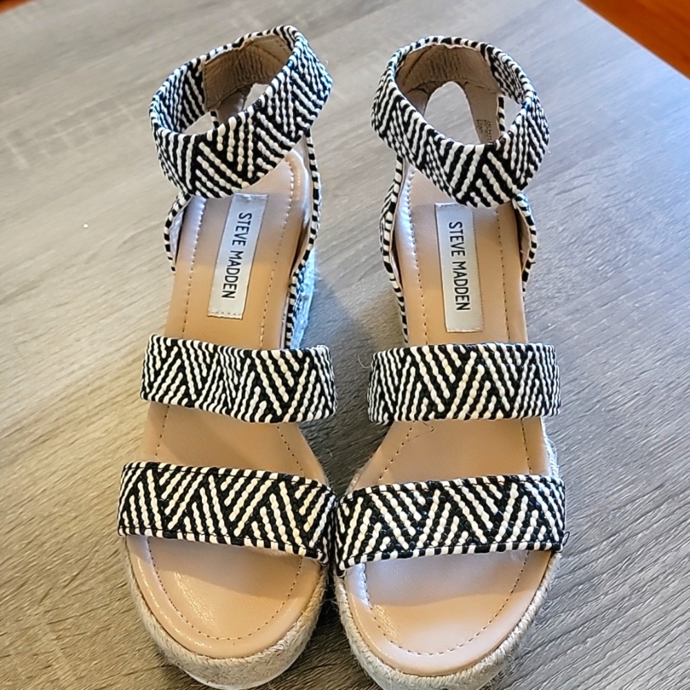 Steve Madden Jennie Platform Sandals Women's Size 8 Black Tan Espadrilles